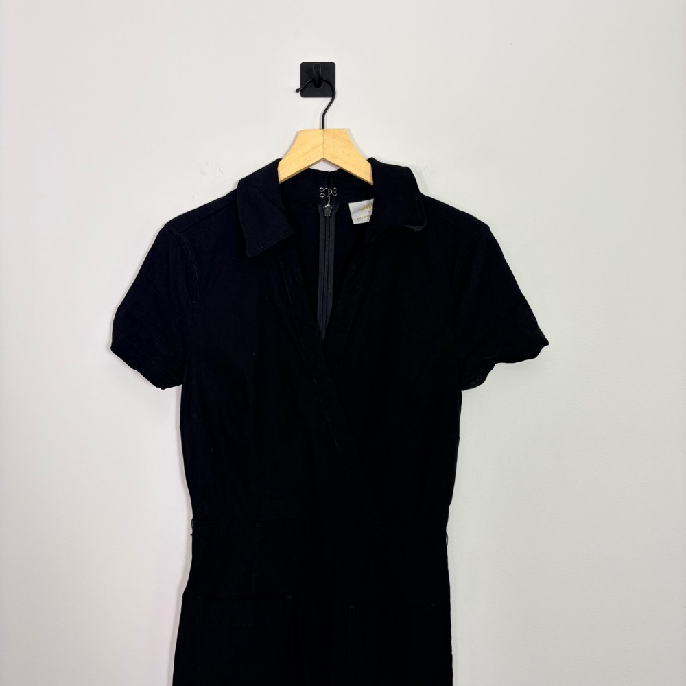 Maeve Anthropologie The Colette Linen Blend Wrap Jumpsuit Black 6 Wide Leg - Picture 3 of 10